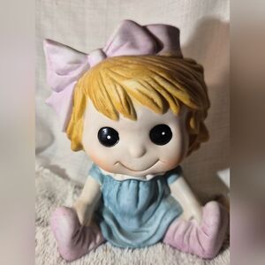 Adorable Vintage Little Girl Ceramic Nightlite  with Pink Bow and Blue Dress